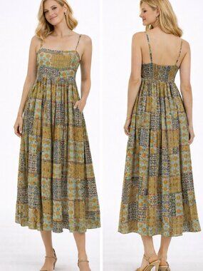 Carolina K Printed Linen Maxi Dress Size Small